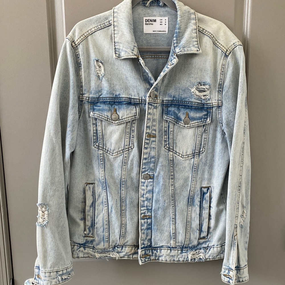 Bershka Men's Light Blue Distressed Jacket